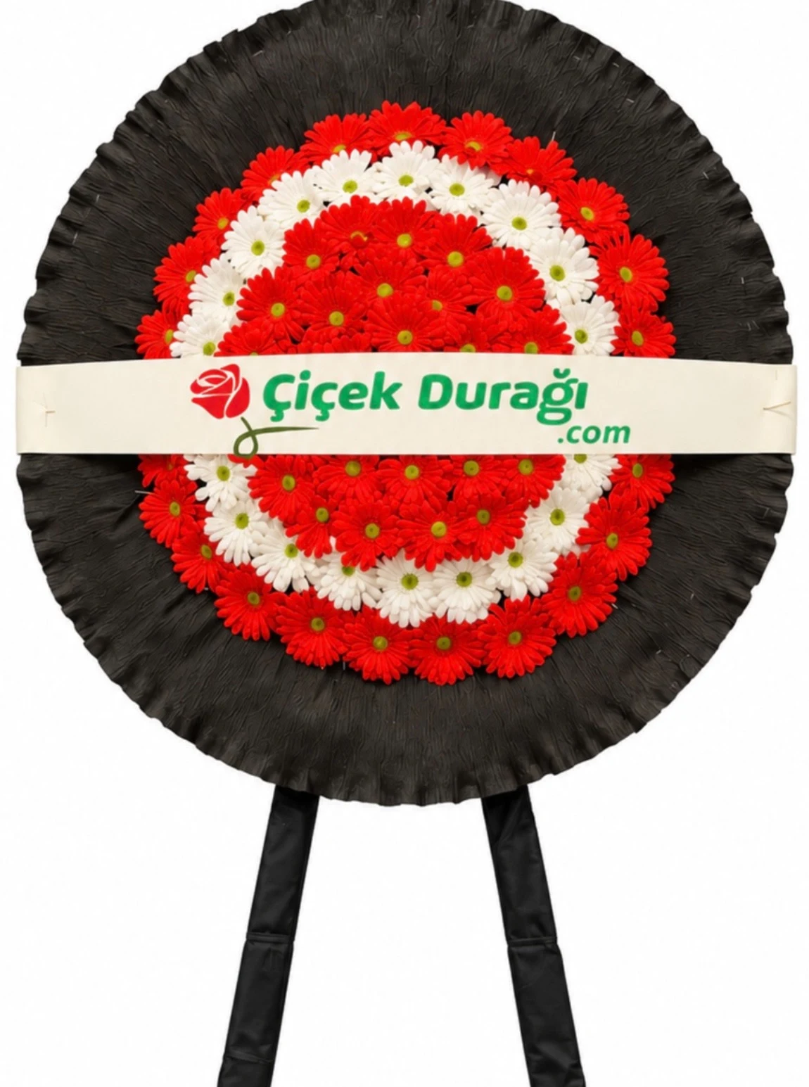 Kırmızı Ve Beyaz Gerbera Çiçekli Siyah Tül Detaylı Tek Ayaklı Cenaze Ve