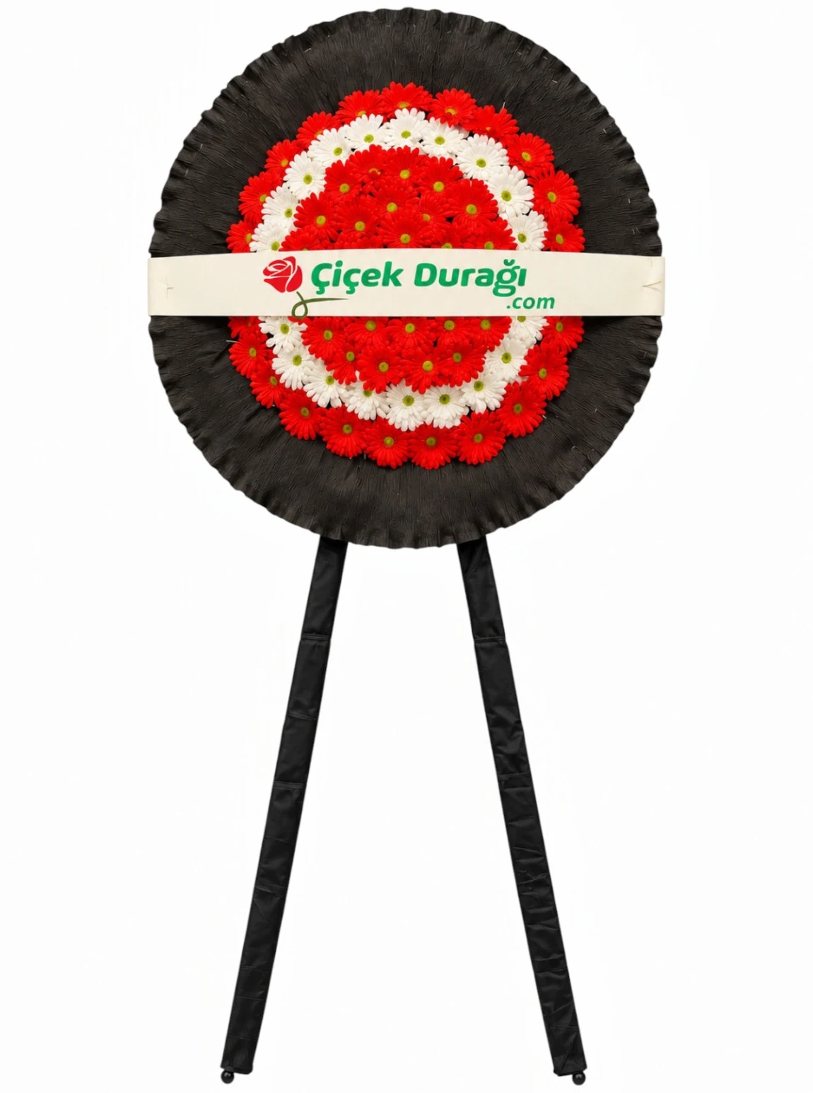 Kırmızı Ve Beyaz Gerbera Çiçekli Siyah Tül Detaylı Tek Ayaklı Cenaze Ve