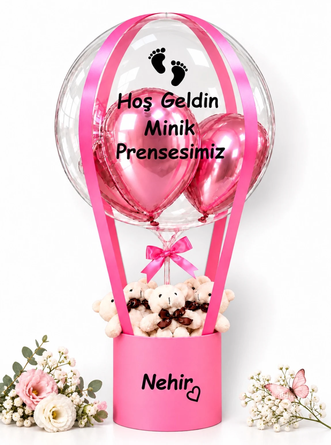 Kişiye Özel Pembe Kutuda Peluş Ayıcıklı Ve Balonlu Yeni Bebek Aranjmanı