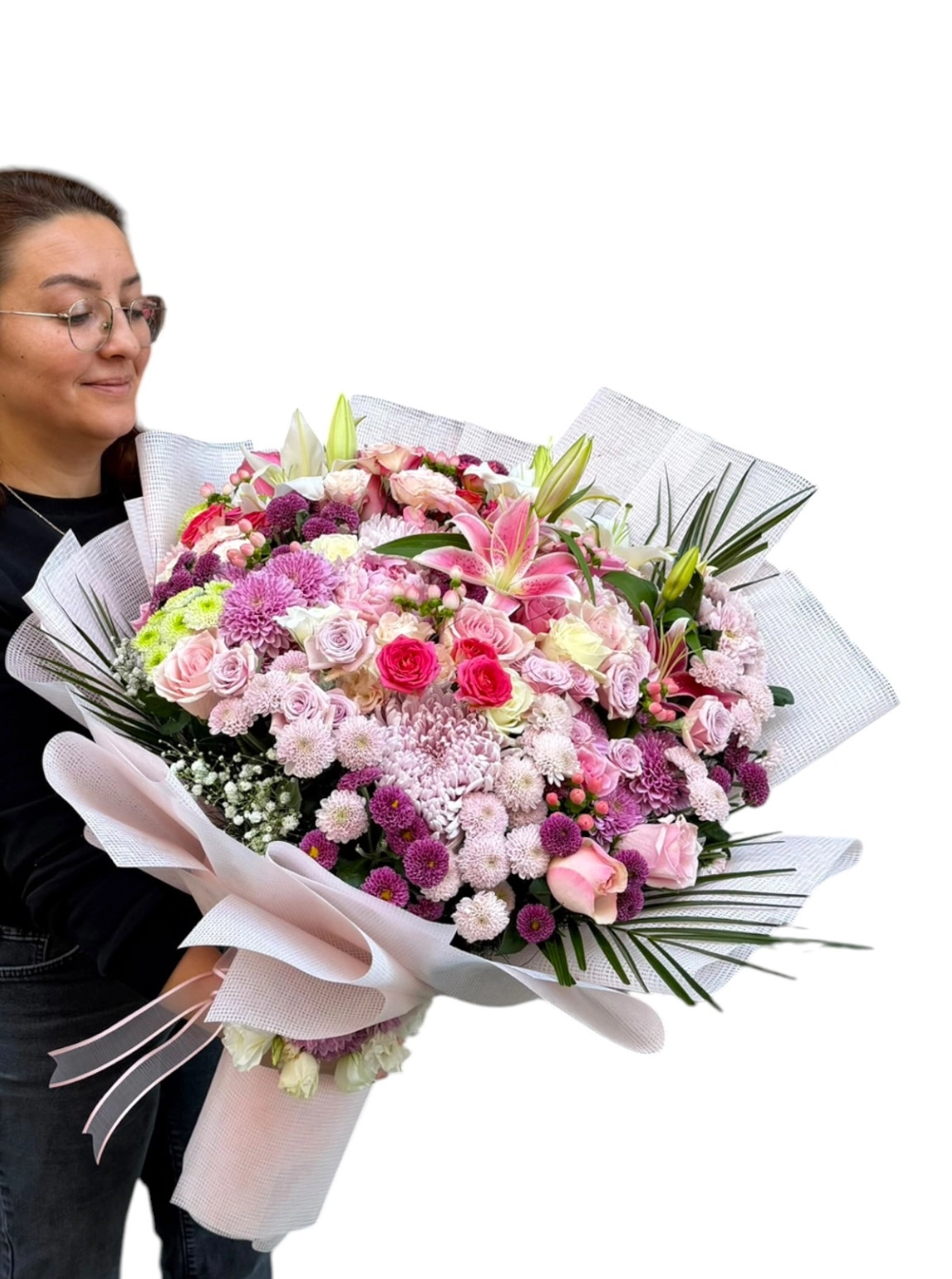 Lüks Pembe Lilyum Ve Karışık Mevsim Çiçekleri Büyük Boy Buketi