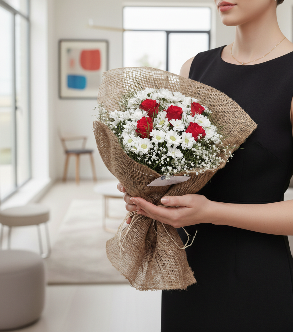 5 Kırmızı Gül Ve Papatyalar