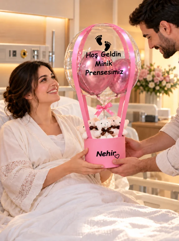 Hoş Geldin Bebek Temalı Pembe Balonlu Ayıcıklı Hediye Kutusu