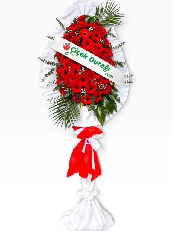 Kırmızı Gerbera Çiçeklerinden Hazırlanmış Tek Ayaklı Tören Çelengi