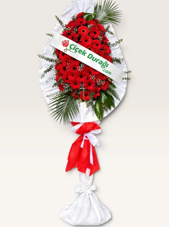 Kırmızı Gerbera Çiçeklerinden Hazırlanmış Tek Katlı Tören Çelengi