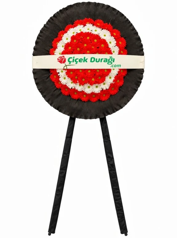 Kırmızı Ve Beyaz Gerbera Çiçekli Siyah Tül Detaylı Tek Ayaklı Cenaze Ve