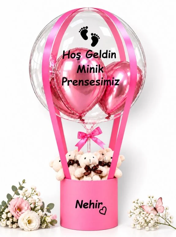 Kişiye Özel Pembe Kutuda Peluş Ayıcıklı Ve Balonlu Yeni Bebek Aranjmanı