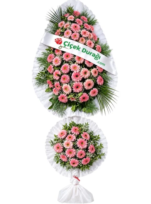 Pembe Gerbera Çiçeklerinden Hazırlanmış İki Katlı Taziye Ve Açılış Çelengi