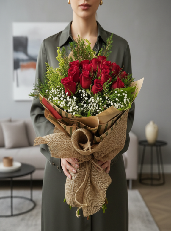 Bir Kucak Dolusu 15 Kırmızı Gül Buketi